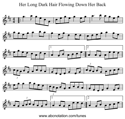 Her Long Dark Hair Flowing Down Her Back - staff notation