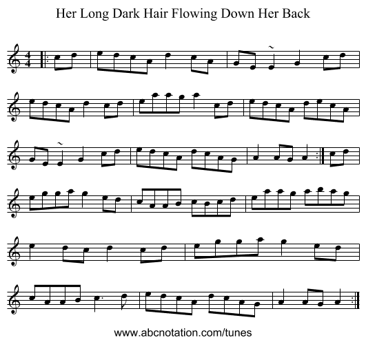 Her Long Dark Hair Flowing Down Her Back - staff notation