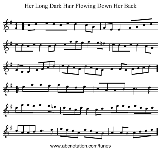Her Long Dark Hair Flowing Down Her Back - staff notation