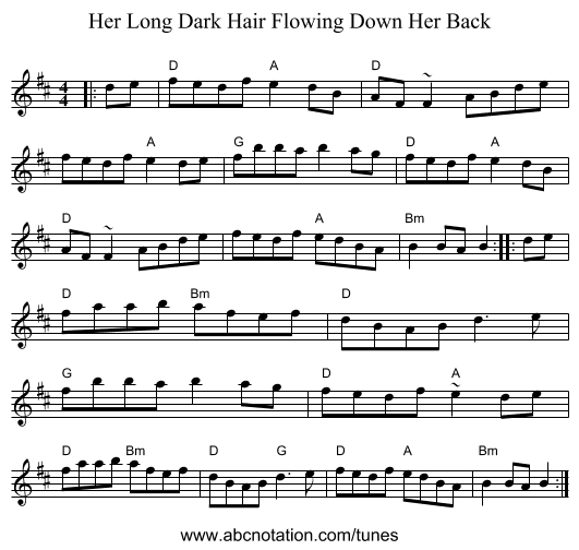 Her Long Dark Hair Flowing Down Her Back - staff notation