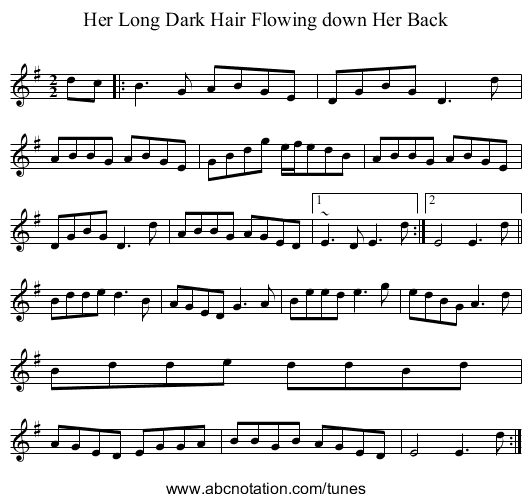 Her Long Dark Hair Flowing down Her Back - staff notation