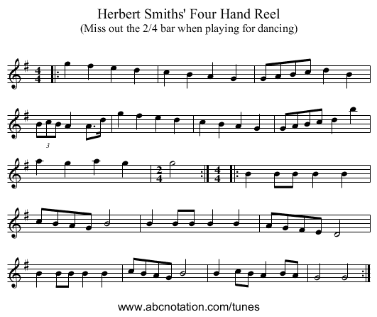 Herbert Smiths' Four Hand Reel - staff notation