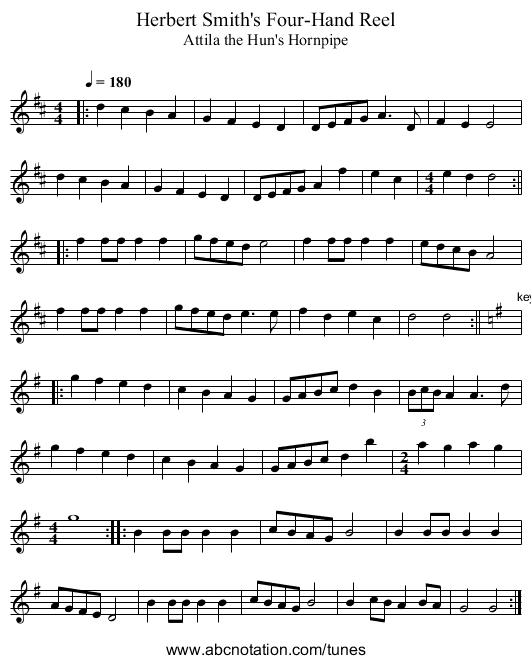 Herbert Smith's Four-Hand Reel - staff notation