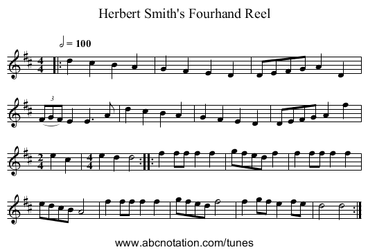Herbert Smith's Fourhand Reel - staff notation