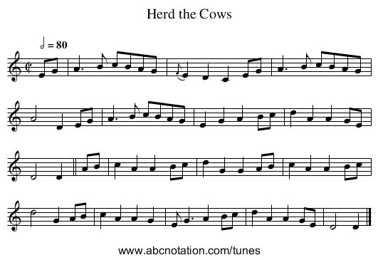 Herd the Cows - staff notation