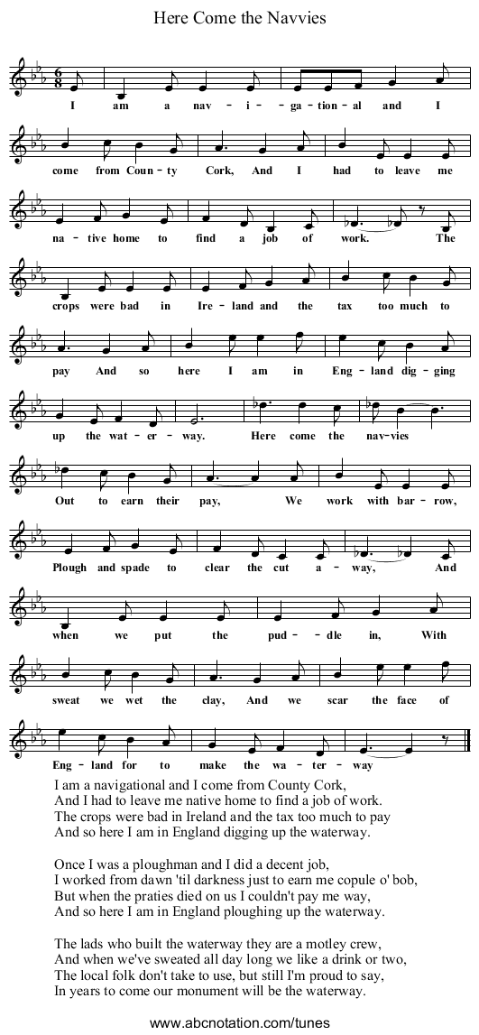 Here Come the Navvies - staff notation