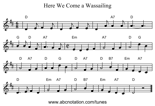 Here We Come a Wassailing - staff notation