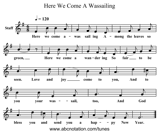 Here We Come A Wassailing - staff notation