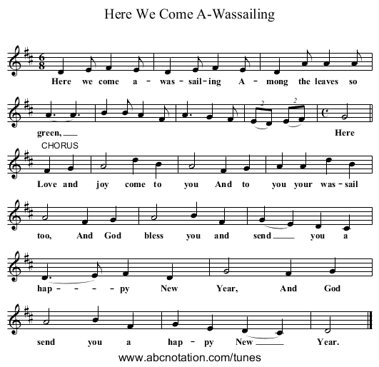 Here We Come A-Wassailing - staff notation