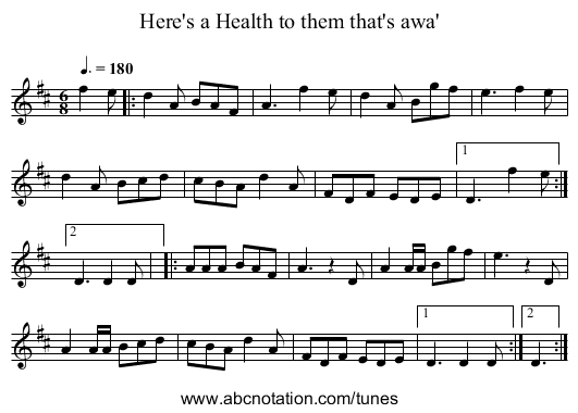 Here's a Health to them that's awa' - staff notation