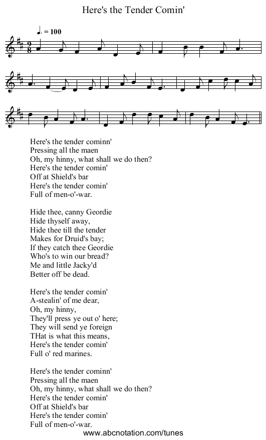 Here's the Tender Comin' - staff notation