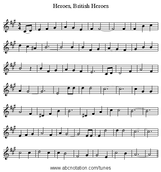 Heroes, British Heroes - staff notation