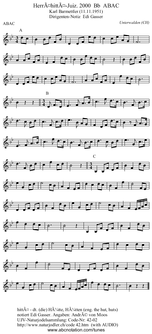 HerrÃ¤hittÃ¤-Juiz. 2000  Bb  ABAC - staff notation