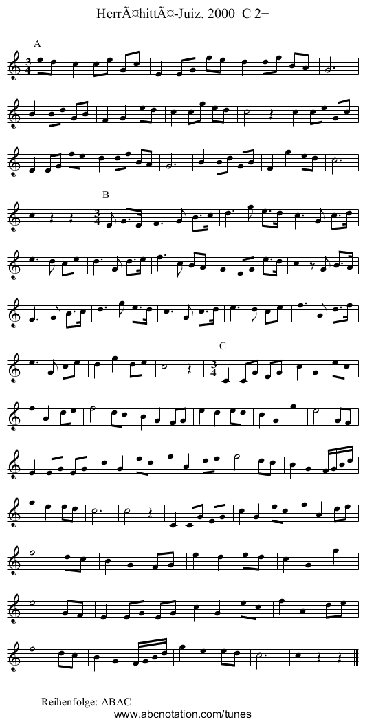 HerrÃ¤hittÃ¤-Juiz. 2000  C 2+ - staff notation
