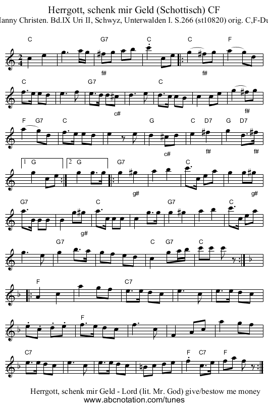 Herrgott, schenk mir Geld (Schottisch) CF - staff notation