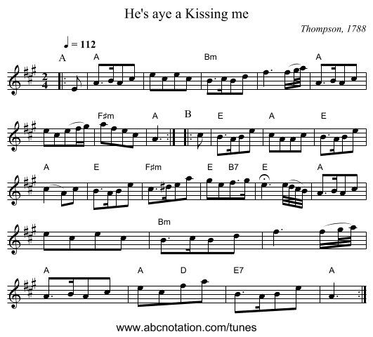 He's aye a Kissing me - staff notation