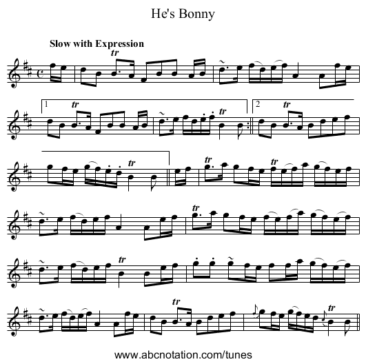 He's Bonny - staff notation