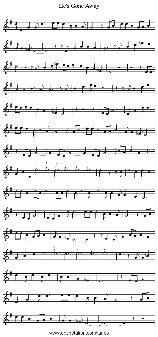 He's Gone Away - staff notation