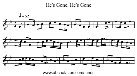 He's Gone, He's Gone - staff notation