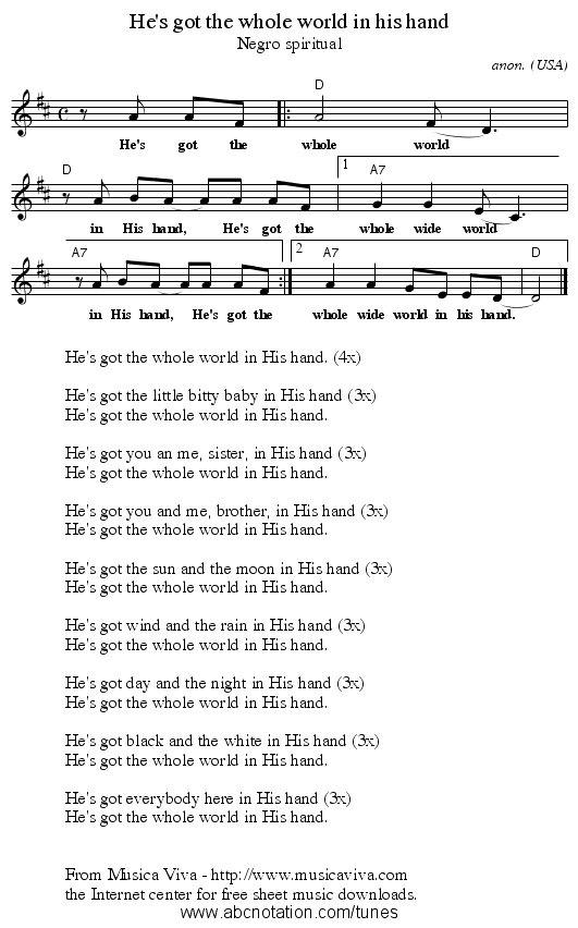 He's got the whole world in his hand - staff notation