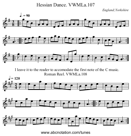 Hessian Dance. VWMLa.107 - staff notation