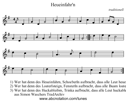 Heueinfahr'n - staff notation