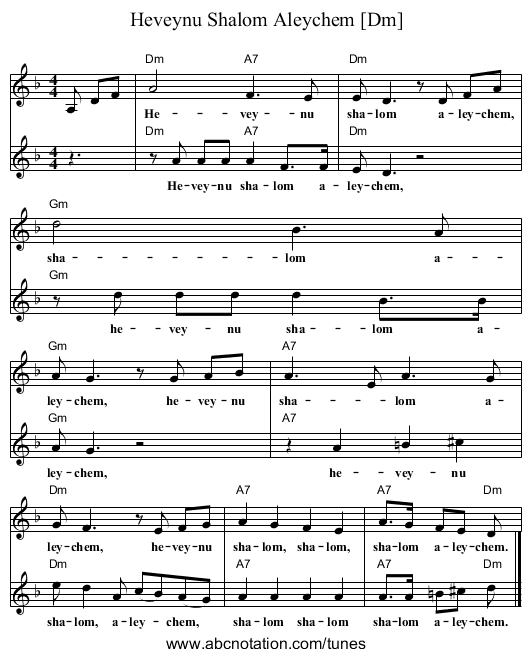 Heveynu Shalom Aleychem [Dm] - staff notation