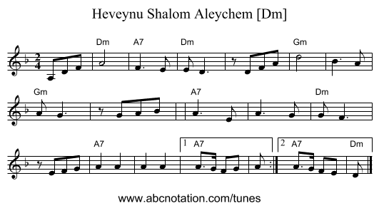 Heveynu Shalom Aleychem [Dm] - staff notation