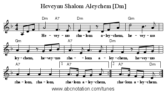 Heveynu Shalom Aleychem [Dm] - staff notation