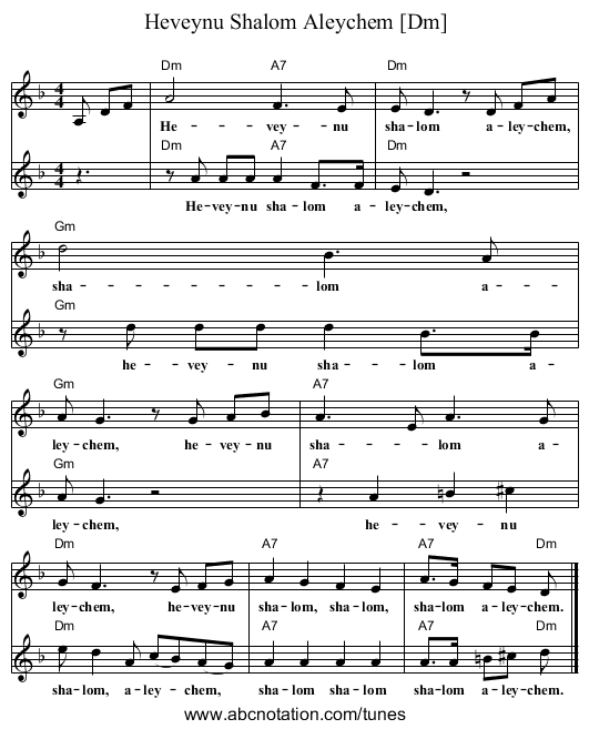 Heveynu Shalom Aleychem [Dm] - staff notation