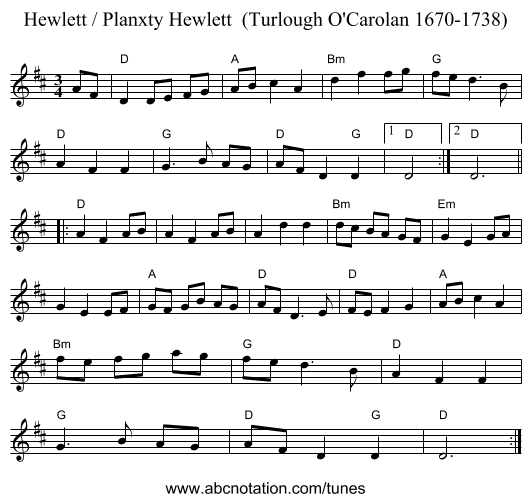 Hewlett / Planxty Hewlett  (Turlough O'Carolan 1670-1738) - staff notation