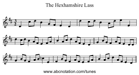 Hexhamshire Lass, The - staff notation