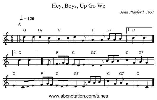 Hey, Boys, Up Go We - staff notation