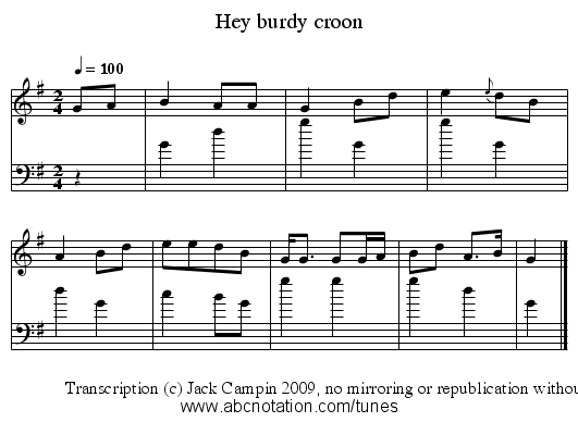 Hey burdy croon - staff notation