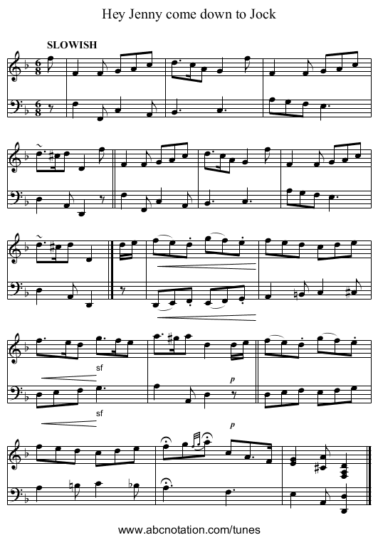 Hey Jenny come down to Jock - staff notation