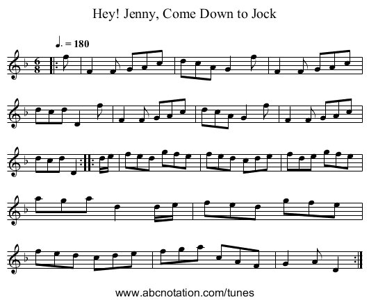 Hey! Jenny, Come Down to Jock - staff notation