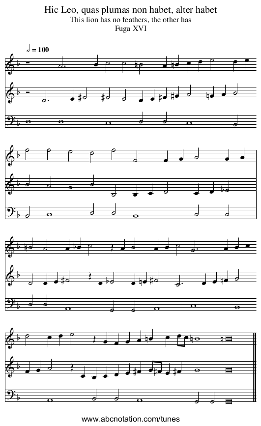 Hic Leo, quas plumas non habet, alter habet - staff notation