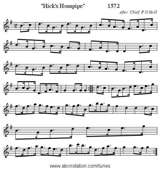Hick's Hornpipe 1572 - staff notation