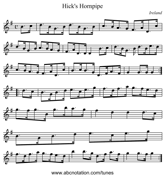 Hick's Hornpipe - staff notation