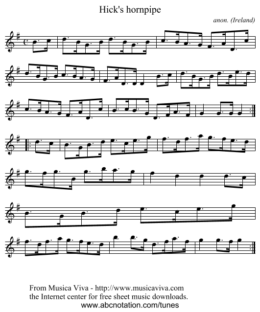 Hick's hornpipe - staff notation