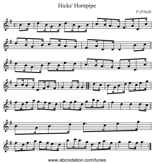 Hicks' Hornpipe - staff notation