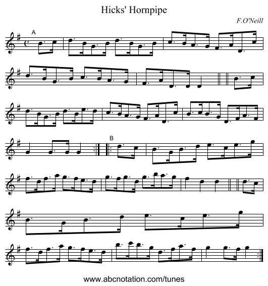 Hicks' Hornpipe - staff notation