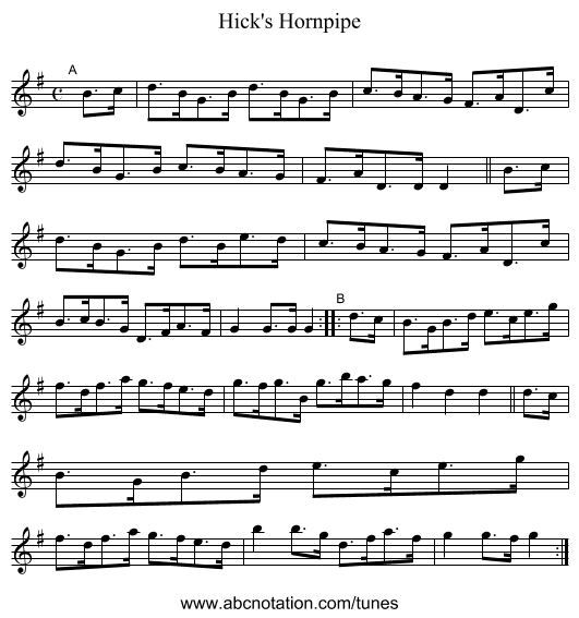 Hick's Hornpipe - staff notation