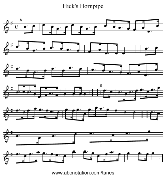 Hick's Hornpipe - staff notation