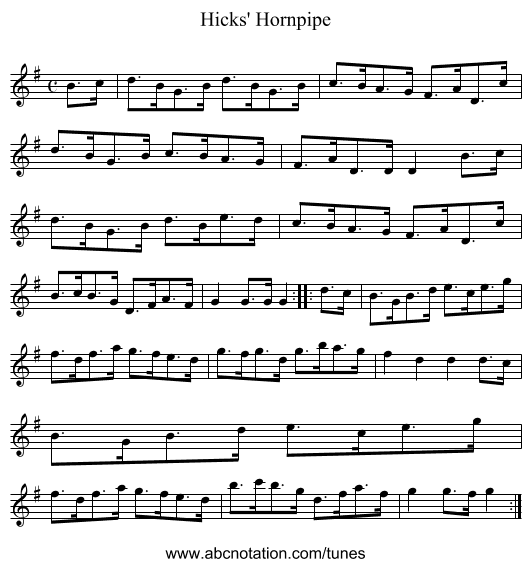 Hicks' Hornpipe - staff notation