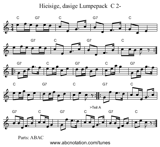 Hieisige, dasige Lumpepack  C 2- - staff notation