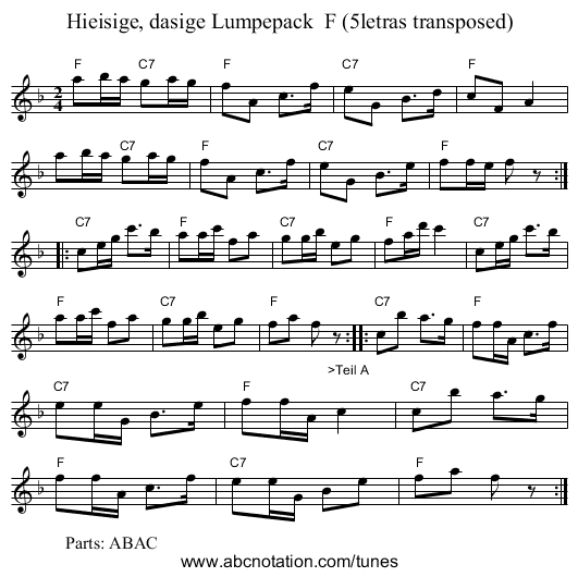 Hieisige, dasige Lumpepack  F (5letras transposed) - staff notation
