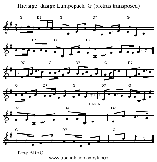 Hieisige, dasige Lumpepack  G (5letras transposed) - staff notation