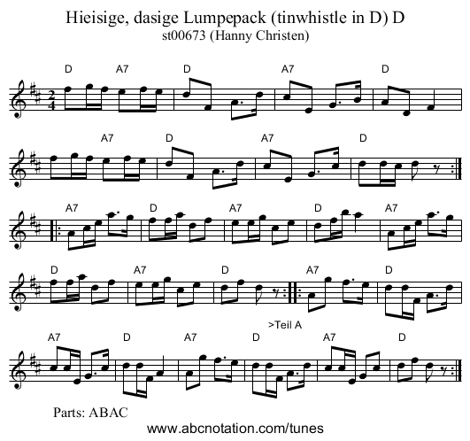 Hieisige, dasige Lumpepack (tinwhistle in D) D - staff notation