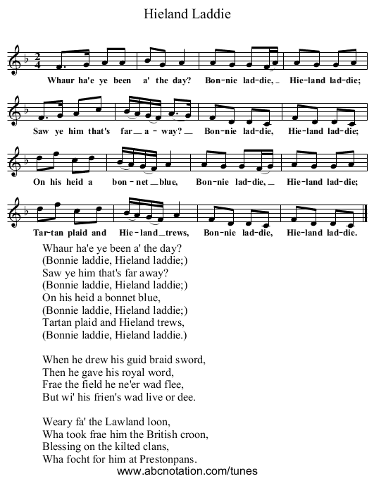 Hieland Laddie - staff notation